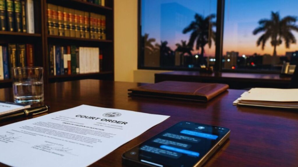 An empty Florida courtroom bench, representing the legal process and potential penalties for restraining order violations.